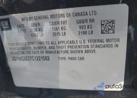 2012 Chevrolet Impala Ltz z USA, uszkodzony, nr VIN 2G1WC5E37C1221582